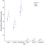 Seroincidence in study of typhoidal Salmonella in children, Kenya, 2017–2018. Typhoid seroincidence rate by region and study site is shown stratified by patient age. Dots represent medians; error bars indicate 95% CIs. Coast sites were Ukunda and Msambweni; west sites were Kisumu and Chulaimbo.