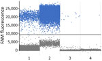 Digital PCR results from samples from infant and mother in study of congenital malaria, Portugal. We obtained results from arithmetic average values (parasite/µL) of triplicate results. Results indicate the number of positive droplets in each sample: 1, taken from infant’s Guthrie card on day 4 after birth, 0.49 parasites/µL; 2, taken from infant at hospital admission, 30,000 parasites/µL; 3, taken from infant at follow-up appointment, 599.8 parasites/µL; and 4, taken from mother at follow-up, 0.5 parasites/µL. FAM, fluorescein amidite. 
