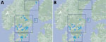 Locations of primary health care centers in study of Spiroplasma ixodetis in ticks removed from humans, Sweden and in the Åland Islands, Finland. Maps indicate all primary health care centers (A) and centers where Spiroplasma ixodetis–positive ticks were found (B) in 4 regions: northern Sweden (top boxes), southcentral Sweden (center left boxes), southernmost Sweden (bottom boxes), and the Åland Islands, Finland (center right boxes). Source: Google Maps (https://www.google.com/maps).