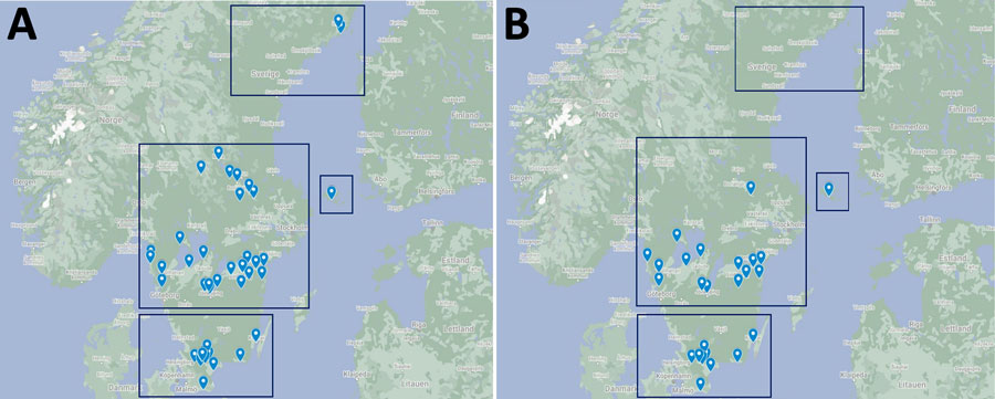 Locations of primary health care centers in study of Spiroplasma ixodetis in ticks removed from humans, Sweden and in the Åland Islands, Finland. Maps indicate all primary health care centers (A) and centers where Spiroplasma ixodetis–positive ticks were found (B) in 4 regions: northern Sweden (top boxes), southcentral Sweden (center left boxes), southernmost Sweden (bottom boxes), and the Åland Islands, Finland (center right boxes). Source: Google Maps (https://www.google.com/maps).
