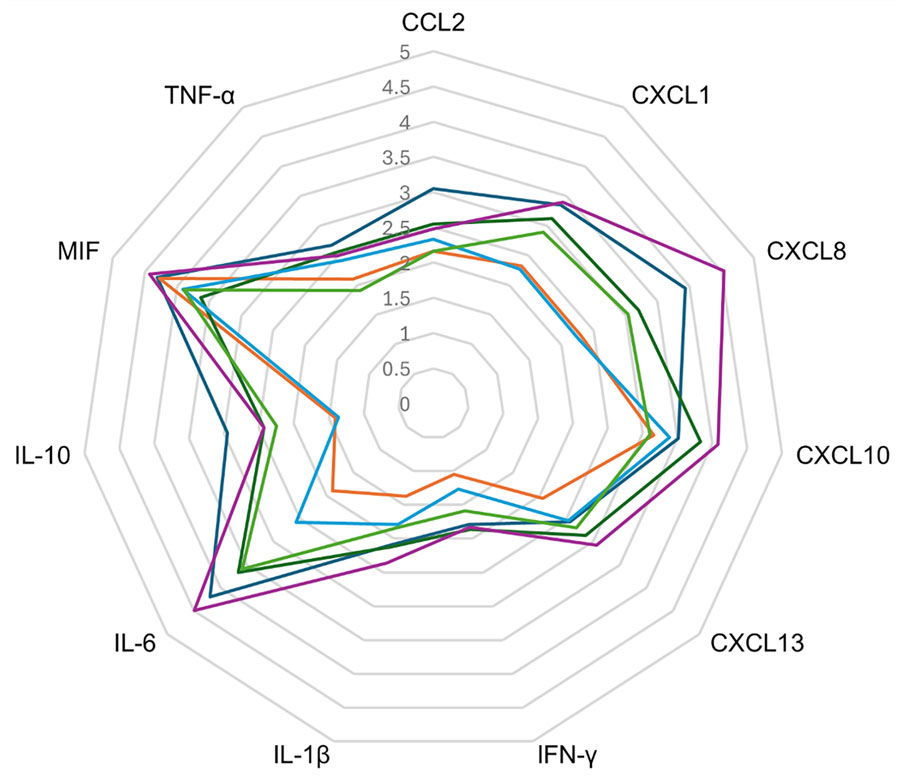 Cytokine and chemokine levels of serum in early illness stage of study of life-threatening SARS-CoV-2–associated encephalopathy and multiorgan failure in children, Asia and Oceania, 2022–2024. Serum levels were compared for 6 patients with early-stage SARS-CoV-2 acute shock with encephalopathy and multiorgan failure/acute fulminant cerebral edema. The values for each cytokine/chemokine are presented on a logarithmic scale; each colored line indicates results for 1 patient. The orange line indicates the case in which the pediatric cerebral performance category = 1. CCL, CC-chemokine ligand; CXCL, CXC-chemokine ligand; IFN, interferon; IL, interleukin; MIF, macrophage migration inhibitory factor; TNF, tumor necrosis factor.