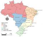Regions and federal units referenced in study of epidemiology of chikungunya hospitalizations, Brazil, 2014–2024.