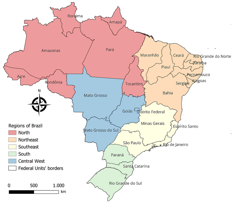 Regions and federal units referenced in study of epidemiology of chikungunya hospitalizations, Brazil, 2014–2024.