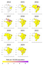 Annual hospitalization rates per region from study of epidemiology of chikungunya hospitalizations, Brazil, 2014–2024.