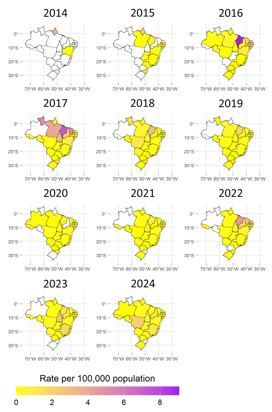 Annual hospitalization rates per region from study of epidemiology of chikungunya hospitalizations, Brazil, 2014–2024.