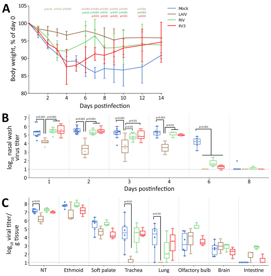 Body weight and influenza A(H5N1) clade 2.3.4.4b viral titers from nasal wash and tissue samples collected during study of the effect of seasonal influenza vaccines on clade 2.3.4.4b H5N1 virus infection in ferrets. n = 6 ferrets per vaccinated group, n = 12 ferrets in the mock vaccinated group. A) Body weights were monitored for 14 days postinfection and scaled to each ferret’s weight on day 0. We assessed p values relative to the mock-infected group by using a linear mixed model with repeated measures in R with lmerTest version 3.1.3 (The R Project for Statistical Computing, https://www.r-project.org); p values are indicated in colors matching the relevant body weight traces. Lines are plotted as means ± SDs. B) We collected nasal washes with phosphate buffered saline and measured the amount of virus by standard plaque formation assays. We assessed p values by using a linear mixed model with repeated measures in R with lmerTest version 3.1.3. C) Three days after infection, we euthanized 3 ferrets per immunized group and 6 ferrets in the mock control group. We measured the amount of virus present in each tissue sample by standard plaque formation assay and assessed p values relative to the mock-infected group. In panels B and C, colored dots indicate individual values, horizontal lines within boxes represent geometric mean titers, box tops and bottoms indicate interquartile ranges, and error bars indicate limits of the distribution. Dotted gray horizontal line indicates limit of detection. IIV3, Fluarix trivalent inactivated influenza vaccine (GlaxoSmithKline Biologicals, https://www.gsk.com); LAIV, FluMist live attenuated influenza vaccine (AstraZeneca, https://www.astrazeneca.com); RIV, Flublok recombinant influenza vaccine (Sanofi, https://www.sanofi.com).