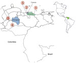 Locations of Oropouche virus cases detected in Venezuela, 2025. The numbers represent the cases detected. The cases were detected in the Portugesa and Miranda states. The first detected Oropouche virus case was from January 27, 2025, although official notification was performed in March 2025, when sequences were available. Inset shows location of Venezuela in the Americas.