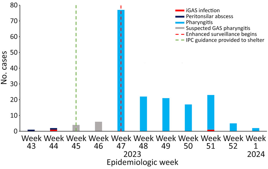 Epidemiologic curve for GAS cases in shelter A, by year and epidemiologic week, Chicago, Illinois, USA, October 25, 2023–January 3, 2024. Vertical dashed lines indicate key response activities. Suspect cases were identified clinically, without rapid or laboratory testing. Suspect cases identified clinically without rapid or laboratory testing. GAS, group A Streptococcus; iGAS, invasive GAS; IPC, infection prevention and control.