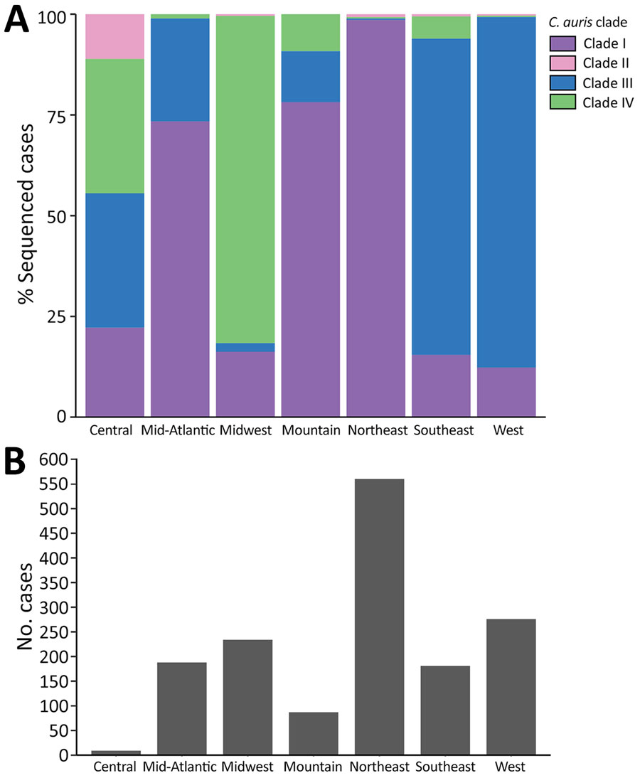 Clades by geographic region from study of genomic epidemiologic description of Candida (Candidozyma) auris, United States. A) Percentage of isolates belonging to each clade for each region. B) Total number of cases sequenced in each region.