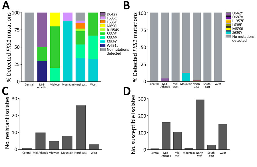 Echinocandin susceptibility by region for isolates from study of genomic epidemiologic description of Candida (Candidozyma) auris, United States. A, B) Percentages of isolates with detected FKS1 mutations among resistant (A) and susceptible (B) isolates. C, D) Total numbers of resistant (C; n = 53) and susceptible (D; n = 756) isolates detected.