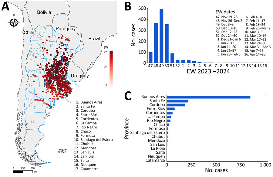 Spatiotemporal distribution of cases in study of epidemiologic, entomologic, and virologic findings during reemergence of western equine encephalitis virus, Argentina, 2023–2024. A) Spatial distribution of cases by EW. The color gradient indicates the progression timeline, ranging from earliest (dark red) to most recent (light red) cases. B) Number of reported cases per epidemiologic week. C) Geographic distribution of cases by province. EW, epidemiologic week.