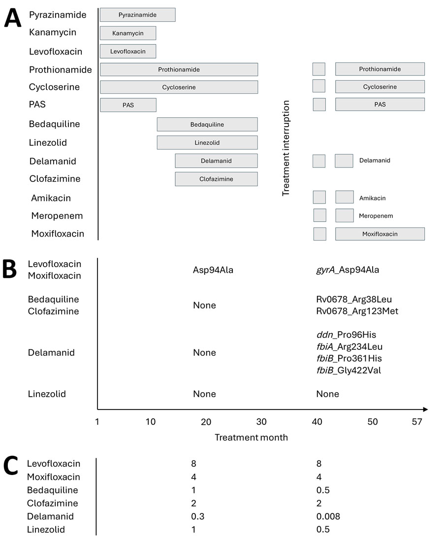 Data from patient with extensively drug-resistant tuberculosis with conflicting resistance testing results, Lesotho. A) Treatment regimen of the patient. B–C) Drug-resistance mutations (B) and MICs (C) of Mycobacterium tuberculosis isolates collected from the patient during months 19 and 42 of treatment. Whole-genome sequence analysis for drug resistance was conducted at the South Africa National Institute for Communicable Diseases (Johannesburg, South Africa), and MIC testing with broth microdilution was conducted at the Institute of Tropical Medicine (Antwerp, Belgium). 