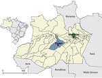 Coari and Manaus municipalities within Amazonas, Brazil, in seroepidemiologic study of Oropouche virus, 2015–2016. Inset shows location of Amazonas state in Brazil. 