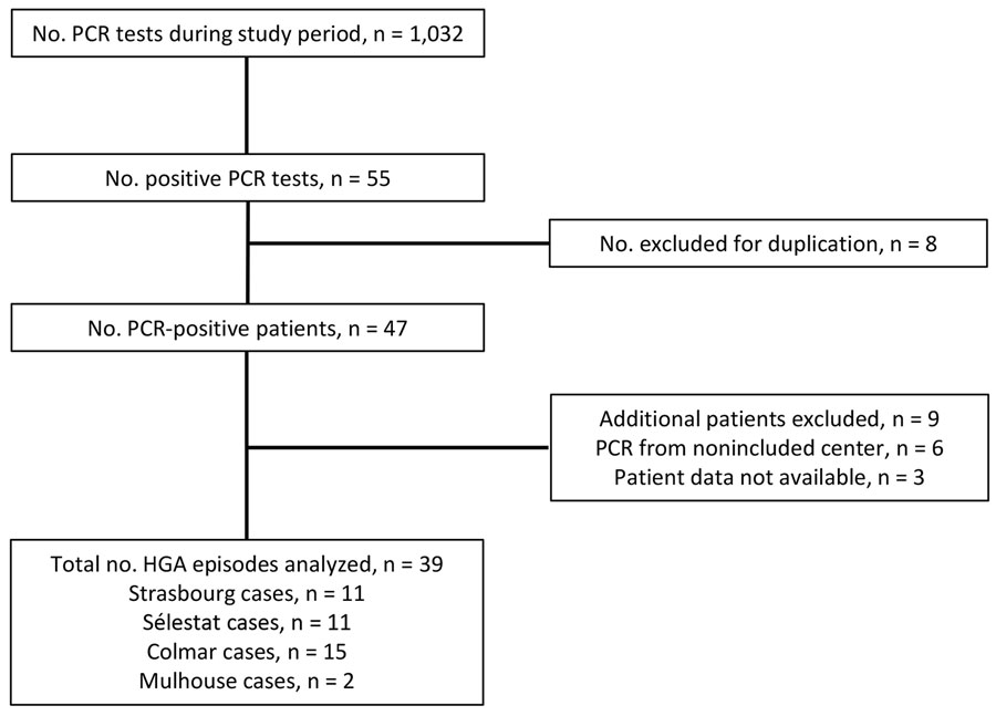 Flowchart of patient inclusion in a retrospective multicenter study of human granulocytic anaplasmosis, France, 2012–2024.