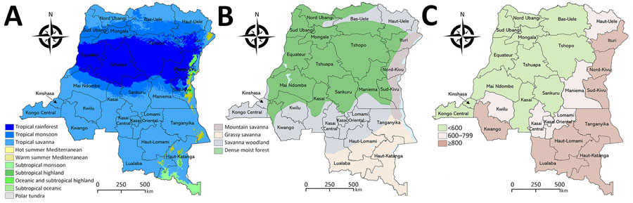 Distribution of provinces by climate, vegetation, and elevation in study of seroprevalence of Crimean-Congo hemorrhagic fever virus infection in humans and domestic ruminants, Democratic Republic of the Congo. A) Climate types based on Köppen-Geiger climate classification (1991–2020 dataset). B) Vegetation type by province. C) Provinces by elevation. QGIS software version 3.14 (https://qgis.com) was used to generate maps.