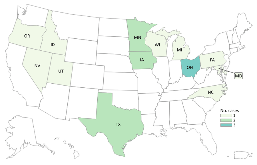 Cases of Listeria monocytogenes infection in outbreak A (n = 18), by state of residence, in study of 2 concurrent outbreaks linked to packaged salads, United States, 2014–2022. Colors indicate number of cases per state.