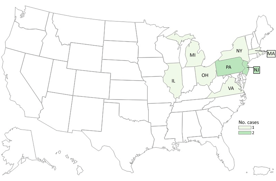 Cases of Listeria monocytogenes infection in outbreak B (n = 10), by state of residence, in study of 2 concurrent outbreaks linked to packaged salads, United States, 2014–2022. Colors indicate number of cases per state.