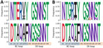 Frequency of amino acid changes within the antigenic epitopes of the viral protein 1 (BC- and DE-loops) in clades A2/D and B3 in study of circulation patterns, genetic diversity, and public health implications of enterovirus D68 circulation, Europe, 2014–2024. A) Amino acid changes in the prepandemic period (2014–2019) in clade A2/D (top) and clade B3 (bottom); B) changes during pandemic and postpandemic periods (2020–2024) in clade A2/D (top) and clade B3 (bottom). Amino acids are colored according to their chemistry. Numbering is related to complete enterovirus D68 genome. Asterisks indicate position 650, also related to neurovirulence in mice. Image was created with Weblogo 3 (41).