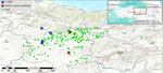 Geographic distribution of patients with suspected or confirmed CCHF in rural areas of Sivas, Tokat, Giresun, Yozgat, Erzincan, and Ordu Provinces, Turkey, 2022. Green dots represent confirmed CCHF patients (n = 206), blue asterisks represent Anaplasma capra–only cases, red asterisks represent A. capra and CCHF co-infections. Inset shows study area within Turkey. Map reproduced with permission from Zati Vatansever. CCHF, Crimean-Congo hemorrhagic fever.