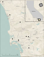 Distribution of Virginia opossums (Didelphis virginiana) identified with autochthonous rat lungworm Angiostrongylus cantonensis infections, San Diego, California, USA, 2023–2025. Black dots indicate opossum cases, which ranged over ≈68 km from north to south. The location of the San Diego Zoo, where cases of angiostrongyliasis were identified in a wallaby and rats, is included for reference (black square). Inset shows location of study area in California. Sources: Airbus Defence and Space, CGIAR, Danish Geodata Agency, Esri, Food and Agriculture Organization of the United Nations, Federal Emergency Management Agency, Garmin, General Services Admission, Geoland, Intermap, National Aeronautics and Space Administration, National Center for Ecological Analysis and Synthesis, National Geospatial-Intelligence Agency, National Land Service, National Mapping Agency, National Oceanic and Atmospheric Administration, ©OpenStreetMap contributors, Ordnance Survey, Rijkswaterstaat, Robinson Projection, TomTom, US Geological Society, Vantor, and the Geographic Information Systems user community.