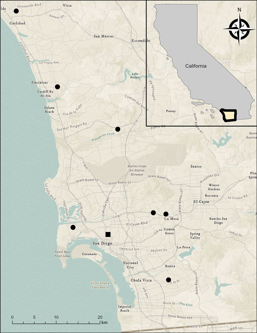 Distribution of Virginia opossums (Didelphis virginiana) identified with autochthonous rat lungworm Angiostrongylus cantonensis infections, San Diego, California, USA, 2023–2025. Black dots indicate opossum cases, which ranged over ≈68 km from north to south. The location of the San Diego Zoo, where cases of angiostrongyliasis were identified in a wallaby and rats, is included for reference (black square). Inset shows location of study area in California. Sources: Airbus Defence and Space, CGIAR, Danish Geodata Agency, Esri, Food and Agriculture Organization of the United Nations, Federal Emergency Management Agency, Garmin, General Services Admission, Geoland, Intermap, National Aeronautics and Space Administration, National Center for Ecological Analysis and Synthesis, National Geospatial-Intelligence Agency, National Land Service, National Mapping Agency, National Oceanic and Atmospheric Administration, ©OpenStreetMap contributors, Ordnance Survey, Rijkswaterstaat, Robinson Projection, TomTom, US Geological Society, Vantor, and the Geographic Information Systems user community.