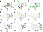Geographic distribution of tick submissions and bacteria-positive ticks in Texas, USA, 2014–2021. A) Amblyomma americanum ticks. B) Dermacentor variabilis ticks. C) A. maculatum ticks. D) Ixodes scapularis ticks. E) Rhipicephalus sanguineus ticks. F) A. mixtum ticks. G) R. amblyommatis ticks. H) R. tamurae subspecies buchneri ticks. I) Bacterial species recovered from submitted ticks.
