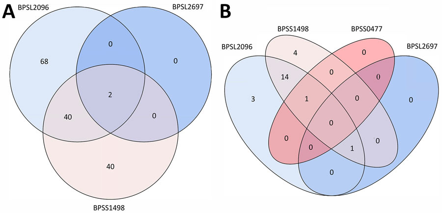 Venn diagrams displaying the serologic responses of participants from Nigeria (A) and Thailand (B) from study of serologic evidence of exposure to Burkholderia pseudomallei, Nigeria. The Venn diagram illustrates participants with a serologic response to >1 antigens (BPSL2096, BPSL2697, BPSS0477, and BPSS1498). Antigen BPSS0477 was excluded from the Nigeria Venn diagram because no participants displayed a positive response.