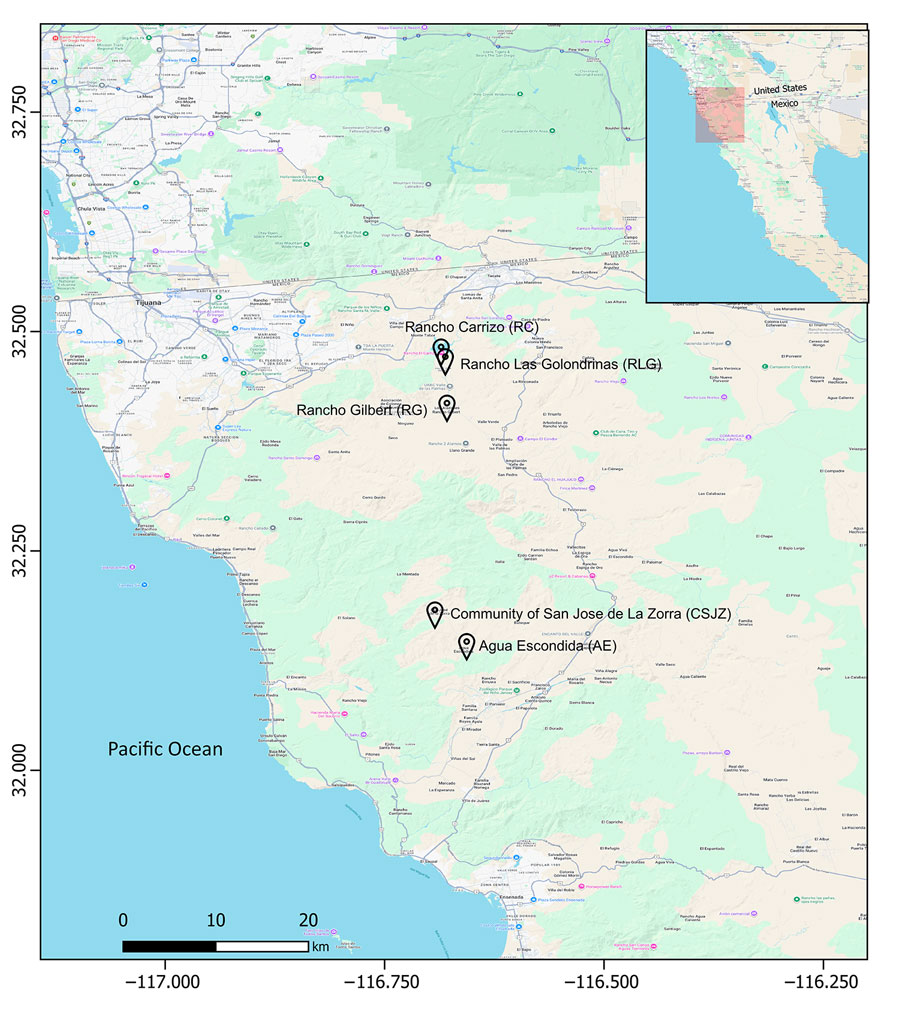 Locations of soil sampling sites from a study of enhanced detection of Coccidioides spp. fungi from environmental samples using droplet digital PCR, Baja California, Mexico. Rancho Gilbert was sampled on June 7, 2023; Rancho Las Golondrinas on May 16, 2024; Rancho Carrizo on May 16, 2024; and Community of San José de la Zorra and Agua Escondida on July 2, 2024. Inset shows location of study area at the US–Mexico border.