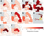 Maps showing enhanced risk for epidemic cholera transmission, Haiti. Extracted cartography are from the grid heat map disease monitoring system for Port-au-Prince during the summer surge of suspected cholera cases between the weeks ending April 20–October 13, 2025. A) April 20; B), April 27; C) May 14; D) June 1; E) June 20; F) June 29; G) August 20; H) August 20; I) October 7; J) October 13. The mapped area is identified on the August 20 map (panel H; yellow outline) for the whole country, which also shows the broader geographic spread of suspected cholera for that reporting period. The shading should be interpreted carefully because each commune is mapped according to where it falls along its own epidemiologic curve for that week. Each commune also can be compared to its neighbors in the same week by where they also fall along their curves, given that communes with the darkest shade are at their peak number of cases. The maps should not be interpreted as visualizing the actual number of cases per commune per week using the same classification scheme as one would in a typical cartographic display. Maps created by using OpenStreetMap (https://www.openstreetmap.org).
