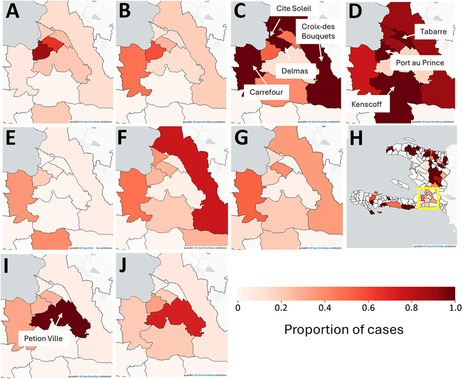 Maps showing enhanced risk for epidemic cholera transmission, Haiti. Extracted cartography are from the grid heat map disease monitoring system for Port-au-Prince during the summer surge of suspected cholera cases between the weeks ending April 20–October 13, 2025. A) April 20; B), April 27; C) May 14; D) June 1; E) June 20; F) June 29; G) August 20; H) August 20; I) October 7; J) October 13. The mapped area is identified on the August 20 map (panel H; yellow outline) for the whole country, which also shows the broader geographic spread of suspected cholera for that reporting period. The shading should be interpreted carefully because each commune is mapped according to where it falls along its own epidemiologic curve for that week. Each commune also can be compared to its neighbors in the same week by where they also fall along their curves, given that communes with the darkest shade are at their peak number of cases. The maps should not be interpreted as visualizing the actual number of cases per commune per week using the same classification scheme as one would in a typical cartographic display. Maps created by using OpenStreetMap (https://www.openstreetmap.org).