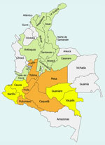 Departments of Colombia that have reported cases of yellow fever. Green indicates historical cases of yellow fever during the 19th and early 20th centuries, yellow indicates cases during the current 2024–2025 outbreak, and orange indicates cases during both periods.
