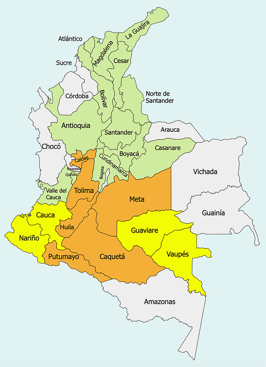 Departments of Colombia that have reported cases of yellow fever. Green indicates historical cases of yellow fever during the 19th and early 20th centuries, yellow indicates cases during the current 2024–2025 outbreak, and orange indicates cases during both periods.