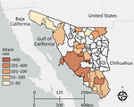 Attack rates by municipality of residence in study of predictors of fatal outcomes among pediatric patients hospitalized for Rocky Mountain spotted fever, Sonora, Mexico, 2004–2024. Map created by Esri ArcGIS Online (https://www.esri.com), June 2025. The map includes data from Esri, TomTom (https://www.tomtom.com), Garmin (https://www.garmin.com), Food and Agriculture Organization of the United Nations (https://www.fao.org), National Oceanic and Atmospheric Administration (https://www.noaa.gov), US Geological Survey (https://www.usgs.gov), OpenStreetMap contributors (https://www.openstreetmap.org), and the GIS User Community (https://communitymaps.arcgis.com).