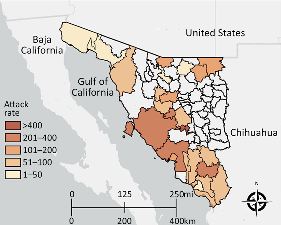 Attack rates by municipality of residence in study of predictors of fatal outcomes among pediatric patients hospitalized for Rocky Mountain spotted fever, Sonora, Mexico, 2004–2024. Map created by Esri ArcGIS Online (https://www.esri.com), June 2025. The map includes data from Esri, TomTom (https://www.tomtom.com), Garmin (https://www.garmin.com), Food and Agriculture Organization of the United Nations (https://www.fao.org), National Oceanic and Atmospheric Administration (https://www.noaa.gov), US Geological Survey (https://www.usgs.gov), OpenStreetMap contributors (https://www.openstreetmap.org), and the GIS User Community (https://communitymaps.arcgis.com). 