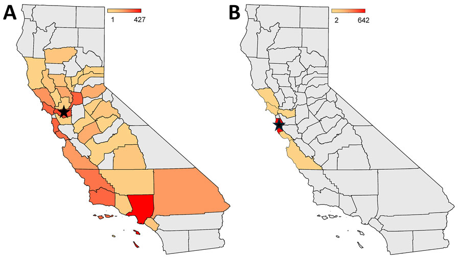Heat maps displaying the number of Dermacentor occidentalis (A) and Haemaphysalis leporispalustris (B) ticks tested for spotted fever group Rickettsia in 2024, by county, in study of D. occidentalis ticks and link to Rickettsia lanei infections, California, USA. Color scale represents number of ticks. Black star represents the location of ticks testing positive by PCR for R. lanei: 1 D. occidentalis tick in Contra Costa County (A) and 2 H. leporispalustris ticks in San Mateo County (B). Gray shading indicates counties in which tick collection was not attempted or the tick species was not found.