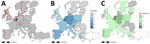 Efforts by country in the European Union and United Kingdom in study of inconsistent strategies to mitigate the effects of Batrachochytrium salamandrivorans, Europe. A) Known B. salamandrivorans sites in wild caudate populations (indicated by black dots) (29) and countries with B. salamandrivorans records from captive and wild populations (outlined in red) (Appendix 2 Table). B) Funding in Euros per country during 2013–2025 in classes (0 = no data; 1 = <50,000; 2 = 50,000–100,000; 3 = >100,000–500,000; 4 = >500,000–2 million; 5 = >2 million) C) Number of B. salamandrivorans projects per country during 2013–2025 in classes (0 = no data; 1 = 1–4; 2 = 5–9; 3 = 10–19; 4 = >20 projects).