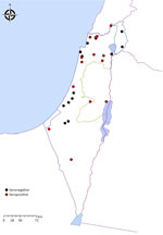 Geographic distribution of sampled horses in study of horses exposed to human tick-borne relapsing fever agent Borrelia persica in Israel that indicates the seroprevalence. Red circles represent the locations of seropositive horses; black circles denote seronegative horse locations.