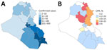Distribution of confirmed Crimean-Congo hemorrhagic fever (CCHF) patients and CFRs by governorate in study of prognostic value of PCR cycle threshold for CCHF, Iraq, 2022–2023. A) CCHF-confirmed patients by governorate. B) CFR among confirmed CCHF patients by governorate. CFR, case-fatality ratio.