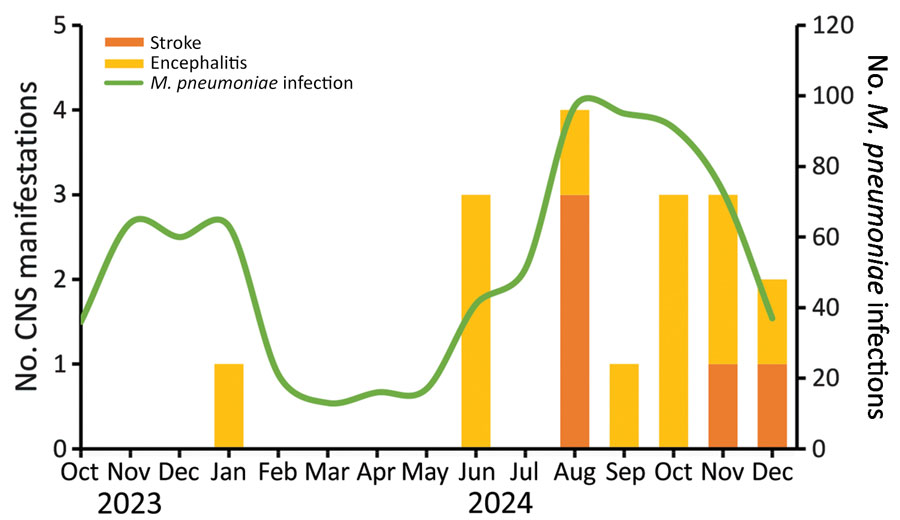 Monthly pediatric stroke and encephalitis cases (stacked bars) and Mycoplasma pneumoniae infections (green line) on the basis of aggregated data obtained from 3 hospitals in South Korea, October 2023–December 2024. Scales for the y-axes differ substantially to underscore patterns but do not permit direct comparisons.