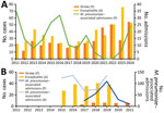Annual trends in pediatric Mycoplasma pneumoniae–associated admissions and central nervous system complications in South Korea. A) Data obtained from 3 hospitals during 2011–2024. Bars represent ischemic stroke and encephalitis cases per 10,000 pediatric hospitalizations. Data line indicates annual M. pneumoniae–associated pediatric admissions per 1,000 hospitalizations. B) National data from 2015–2021. Bars show annual pediatric stroke and all-age encephalitis cases. Data lines represent M. pneumoniae–associated hospitalizations in pediatric and all-age populations reported to the Korea Disease Control and Prevention Agency sentinel surveillance system. All values in panel B are presented on a 1/100 scale. A, all age; P, pediatric. Scales for the y-axes differ substantially to underscore patterns but do not permit direct comparisons.