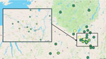 Geographic distribution of blastomycosis cases in upstate New York, USA, 2000–2024. Yellow shading indicates a higher number of cases associated with that postal (ZIP) code. A higher concentration of cases is observed in regions near the Mohawk River (inset), suggesting a potential area of increased endemicity.
