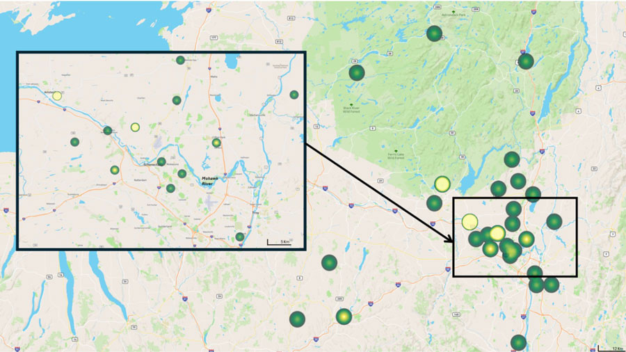 Geographic distribution of blastomycosis cases in upstate New York, USA, 2000–2024. Yellow shading indicates a higher number of cases associated with that postal (ZIP) code. A higher concentration of cases is observed in regions near the Mohawk River (inset), suggesting a potential area of increased endemicity.