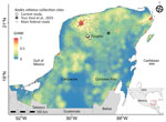 Map of Aedes (Fredwardsius) vittatus mosquito detection and GHMI, Yucatán Peninsula, Mexico, 2025. White circles show sites where mosquitoes were detected in this study; gray circle shows site of mosquito detection from another study (J.C. Tzuc-Dzul et al., unpub. data, https://doi.org/10.21203/rs.3.rs-6786909/v1). Inset shows Mexico with study region marked. Map is overlaid with the GHMI (0.09 km2 resolution). GHMI measures landscape modified by humans and values range from 0 (unmodified) to 1 (completely modified). Gray lines indicate main federal and state roads. GHMI, Global Human Modification Index.