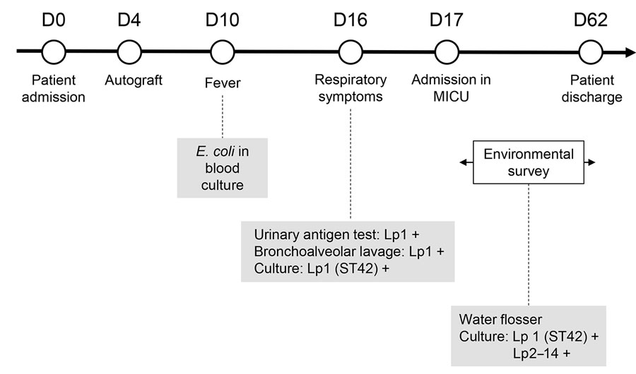 Timeline of patient hospitalization, symptoms, and tests performed in a case of Legionella pneumophila serogroup 1 infection linked to water flosser, France. D, day; Lp1, Legionella pneumophila serogroup 1; Lp2–14, Legionella pneumophila serogroups 2–14; MICU, medical intensive care unit; ST, sequence type; +, positive. 