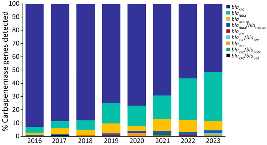 Percentage of carbapenemase genes detected by real-time PCR among 1,288 CP-CRE chosen for a study analyzing an increase in blaNDM among carbapenemase-producing, carbapenem-resistant Enterobacterales, United States, 2016–2023. IMP, imipenemase; KPC, Klebsiella pneumoniae carbapenemase; OXA-48, oxacillinase; NDM, New Delhi metallo-β-lactamase; VIM, Verona integron-encoded metallo-β-lactamase.