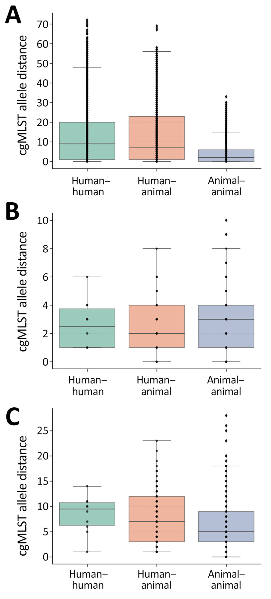 Frequency boxplots of pairwise within-cluster cgMLST allele distances among carbapenemase-producing carbapenem-resistant Enterobacterales isolates collected from humans and companion animals in study of genetically similar high-risk strains of carbapenemase-producing Enterobacterales in humans and companion animals, United States. Pairwise cgMLST allele distances were calculated between pairs within individual clusters and depicted by bacterial species with Escherichia coli (A), Klebsiella pneumoniae (B), and Enterobacter cloacae (C). Box top and bottom boundaries depict 25th and 75th quartiles, horizontal lines within boxes depict median values, dots represent individual data points, and whiskers represent datapoints within 1.5 times the interquartile range. cgMLST, core-genome multilocus sequence typing.
