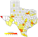 Geographic distribution of hospital visits for disseminated coccidioidomycosis, with and without coccidioidal meningitis, on the county level, Texas, USA, 2016–2023. All counties of Texas with reported cases (n = 96) were included in the study.