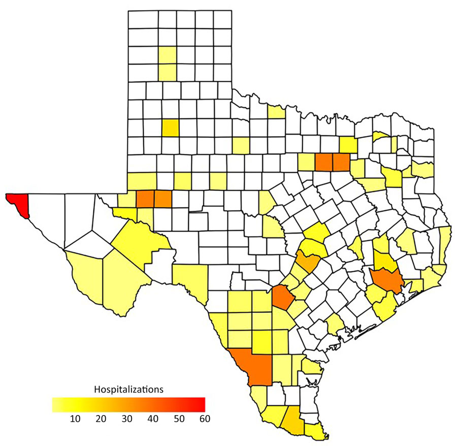 Geographic distribution of hospital visits for disseminated coccidioidomycosis, with and without coccidioidal meningitis, on the county level, Texas, USA, 2016–2023. All counties of Texas with reported cases (n = 96) were included in the study.