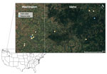 Locations of successful unique rodent sampling grids, by location type, in a study of Sin Nombre virus in rodent species sampled from farms and natural sites, Palouse region, eastern Washington and western Idaho, USA, 2023. Inset map indicates location of study area relative to rest of United States. Basemap generated in Sentinel-2 Cloudless (EOX IT Services, https://eox.at). State boundary based on US Census Bureau cartographic boundary files (https://www.census.gov/geographies/mapping-files/time-series/geo/carto-boundary-file.html).