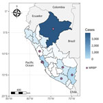 Geographic distribution of confirmed pertussis cases and MRBP cases in Peru, 2025. Regional shading shows cumulative confirmed pertussis cases since epidemiologic week 53 of 2025; darker blue indicates higher case counts. Purple circles indicate regions where patients carrying B. pertussis strains with the macrolide resistance–associated A2047G mutation were detected. MRBP, macrolide-resistant Bordetella pertussis.